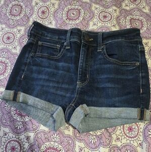 Size 6 American Eagle Dark Blue Jean Shorts Hi-Rise Shortie, Next Level Stretch.